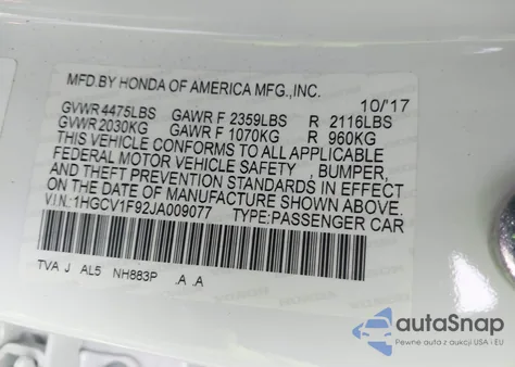 2018 Honda Accord Touring from USA, damaged, VIN 1HGCV1F92JA009077